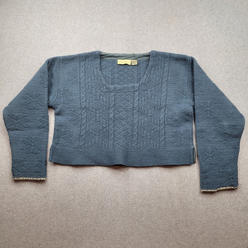 Anthropologie Wool Sweater Womens Medium Blue Cable Knit Cropped Square Neck